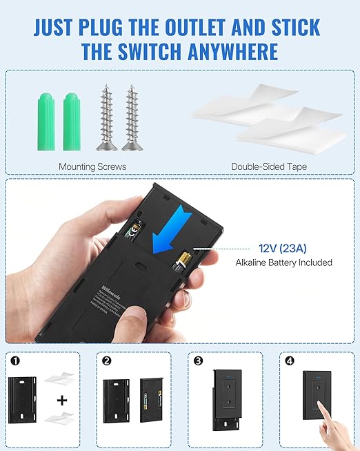 Black Remote Control Outlet Plug, WILAWELS Wireless Light Switch, On Off Remote Switch Outlet for Lights, Lamps, Home Appliance, 100ft RF Range, FCC Listed (2 Controllers + 1 Outlet) H05RC2106