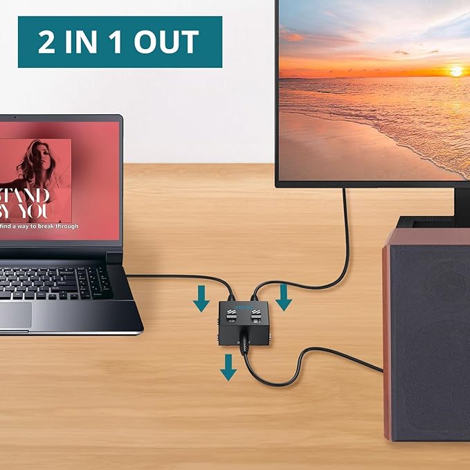 YGITK 3.5mm Audio Switch Bi-Directional, 2-in-1 & 1-in-2 Stereo Audio Switcher with Mute Button, No External Power Required, Includes 3.5mm Audio Cable, fo Speakers, PC, Phone, Laptop, Headphone