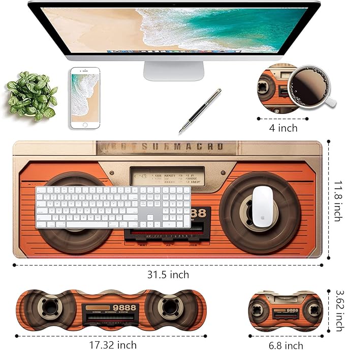 Ergonomic Keyboard Wrist Rest & Mouse Pad Wrist Rest Set, Large XXL Gaming Desk Mat 31.5"x 11.8" with Non-Slip Base, Memory Foam, Easy Typing Pain Relief for Home & Office, Retro Tape Recorder