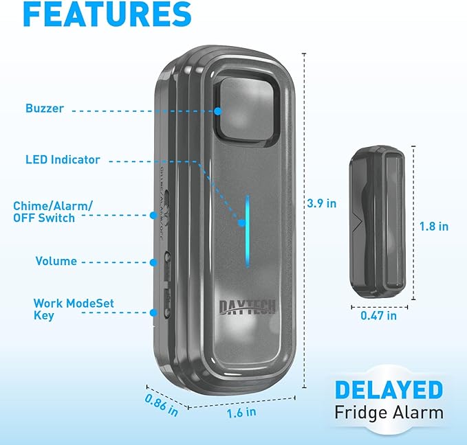 Daytech Refrigerator & Freezer Door Alarm - Adjustable 1-4 Minute Delay, 0-120dB Adjustable Siren, Door/Window Sensor for Home or Business (5 Pack, Gray)