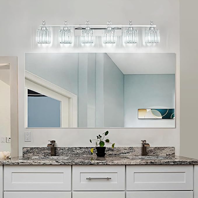 FDPBY Vanity Lights 6-Light Modern Crystal Vanity Light Chrome Bathroom Light Fixtures Over Mirror Crystal Bathroom Vanity Lighting Fixtures