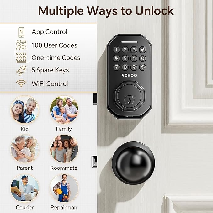 VCHOO Keyless Entry Door Lock Set WiFi Smart App Control Door Lock for Front Door Keypad Deadbolt with 2 Knobs Auto Lock One Time Codes Easy Install, Black