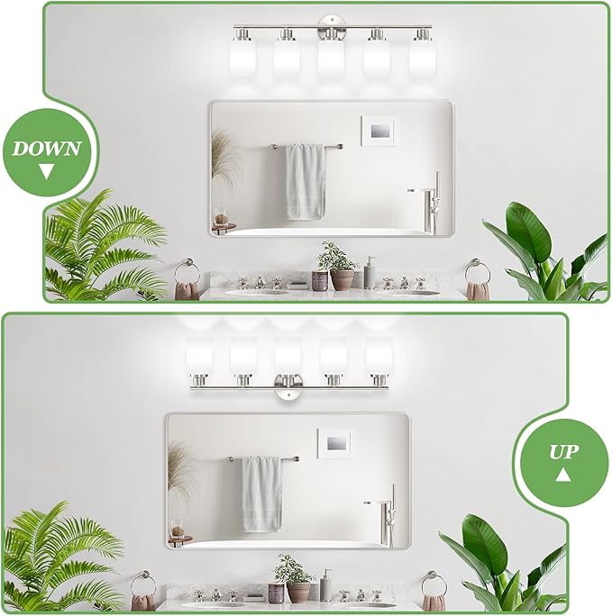 Guliaofo 5-Light Brushed Nickel Vanity Lights, Bathroom Light Fixtures with Textured Milky White Glass Shade, Modern Bathroom Lighting Fixtures Over Mirror Wall Sconce Light - E26 Base