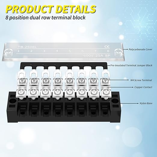 Joinfworld Terminal Block 25A 600V Dual Row Screw Terminal Strip with Cover, 8 Position Pre-Insulated Wire Terminal Block with Jumpers - 4 Pack