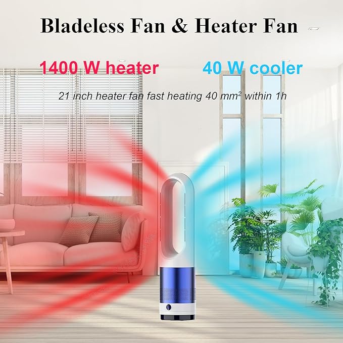 Bladeless Heater and Fan Combo, 1400 Watt Heater Fan and 40 Watt Cold Fan, 80° Oscillating Fan, All the Season Use, Remote and Touch Control, Floor Tower fan, Office Room, Bedroom, Blue White