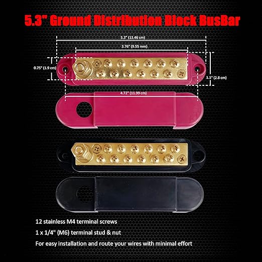 1/4" Stud Power Distribution Block Bus Bar with 12 x #8 Screws, Ampper 5.3" 12V 150A Marine BusBar Brass Battery Distribution Block W/Cover for Car Boat Solar (Red & Black)