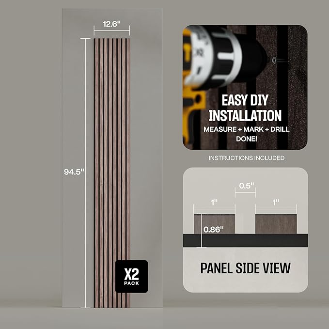 2-Pack Acoustic Wood Slat Panels - Soundproof Wall Paneling for Interior Decor
