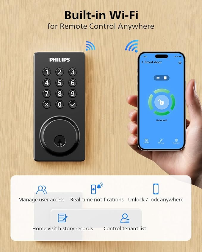 Philips Smart Lock, Smart Door Lock Built-in WiFi, App Remote Control, Keyless Entry Door Lock for Front Door, Deadbolt Lock Auto Lock, Support Alexa & Google, IP54 Waterproof, Black