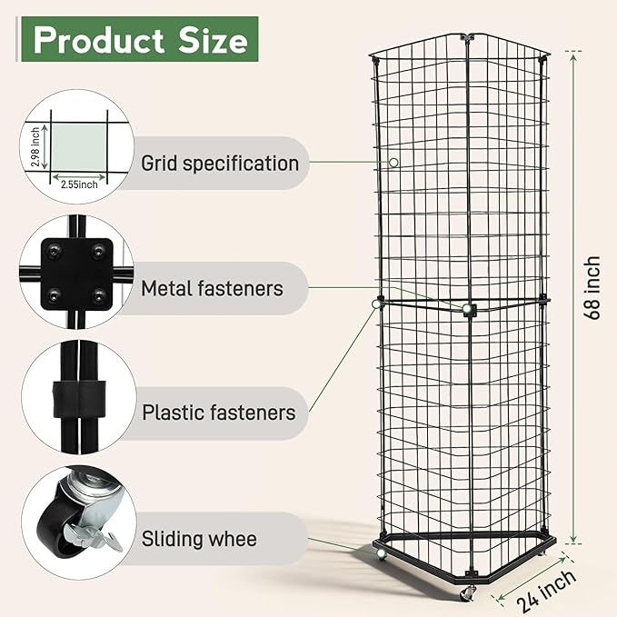Brobear Triangular Gridwall Panel Display Stand with Base and Casters, 360-degree rotation Wire Wall Grid 24"x68" Rolling Grid Wall Tower for Retail, Trade Show, Vendor Events and Home Organization
