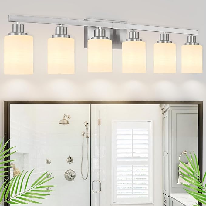 DIKAIDA 38" Bathroom Vanity Light, 6-Light Nickel Vanity Lights for Bathroom, Wall Sconce Lighting with Milky White Glass Shade, Wall Lights,Bath Vintage Wall Mounted Lamps for Mirror Bedroom