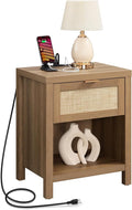 SICOTAS Rattan Night Stand with Charging Station - Farmhouse Nightstand with Type-C and USB Ports, Boho Accent Bed Side Table with Drawer and Open Shelf for Bedroom Small Space, Oak
