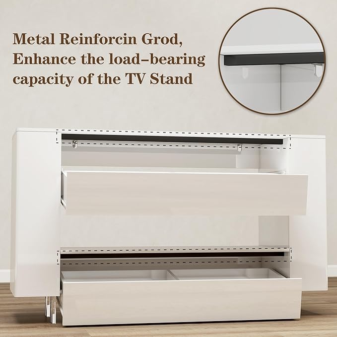 Vavkorkula High Gloss TV Stand for 55 Inch with 2 Large Drawers & Hidden Storage Cabinets, Modern Entertainment Center Television Stands for Living Room Bedroom, White