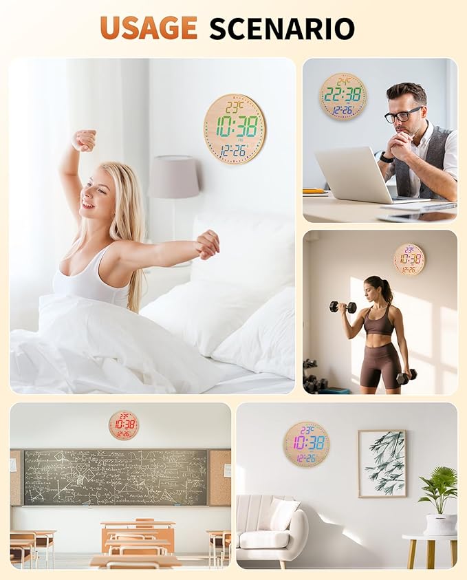 GLOKUUCA 12" Large Digital Wall Mount Clock, Count Down Timer, Alarm, Big LED, 12 RGB Color, Temperature for Living Room Classroom Desk (Bamboo Elements)