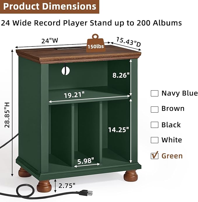Joaxswe Record Player Stand with Charging Station Up to 200 Albums, 24" Wide Mid-Century Record Player Table with Vinyl Record Storage,Large Wood Turntable Stand Dispaly Cabinet for Living Room,Green
