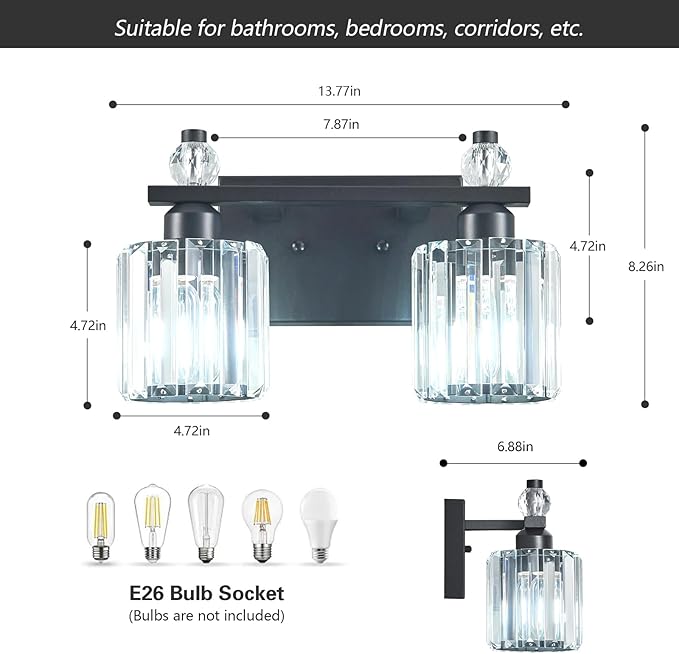 FDPBY Bathroom Vanity Lights 2-Light Sand Black Modern Crystal Vanity Light Fixtures Over Mirror Crystal Bathroom Vanity Lighting Fixtures