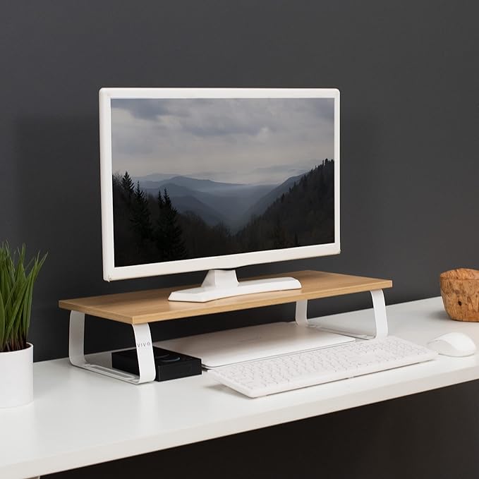 VIVO 24 inch Monitor Stand, Wood and Steel Desktop Riser, Screen, Keyboard, Laptop, Small TV, Ergonomic Desk and Tabletop Organizer, Light Wood, STAND-V000WM