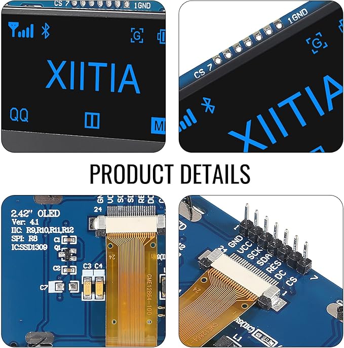 XIITIA 2pcs 2.42 inch 128x64 OLED LCD Display Module SSD1309 7 Pin SPI/IIC I2C Serial Interface for Arduino UNO R3 (Blue Light)