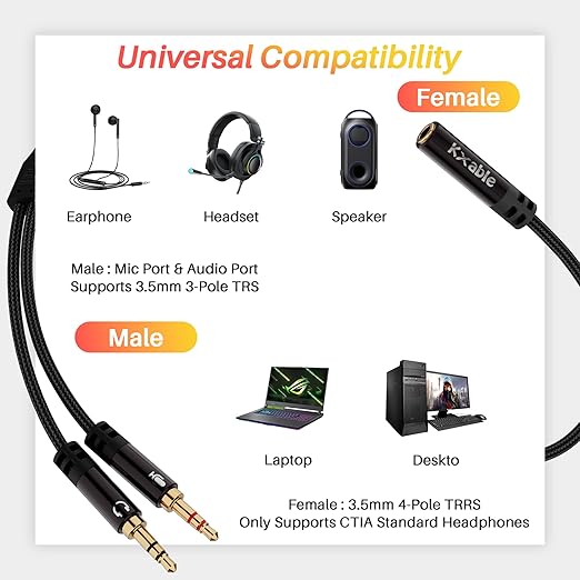 Kxable Headphone Splitter for Computer, 3.5mm Female to Dual 3.5mm Male Audio Splitter Cable, Stereo Jack Earphones Headset to PC Laptop Adapter, 1/8inch 2-in-1 Y Separator Aux Dongle Converters, 1FT