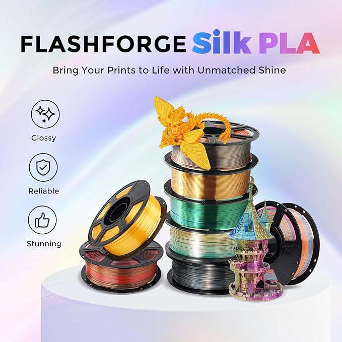 FLASHFORGE Silk PLA Filament 1.75mm, 3D Printer Filament 1kg (2.2lbs) Spool, Smooth and Silky Texture 3D Printing Filament, Dimensional Accuracy +/- 0.02mm