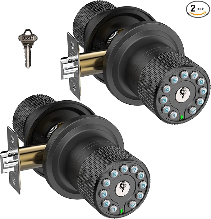 iulock Smart Door Knob with Keypad and Key,Keyless Entry Door Lock with Rubber Grip, Auto Lock,50 User Code,Waterproof, Easy to Install and Program for Bedroom (Matte Black Same Key 2 Pack)