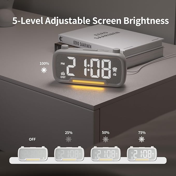 Alarm Clock Radio for Bedrooms, Hi-Fi Sound, Clock Radio with Bluetooth Speaker, Adjustable Dimmer, Auto-off Timer, Night Light, Dual Charging Ports, Ideal for Bedrooms, Dorms & Home Offices(White)
