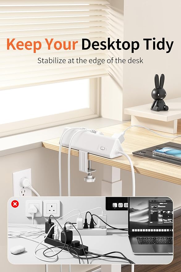 10 FT Desk Clamp Power Strip with 5 AC Outlets & 6 USB Ports PD 40W USB-C Fast Charging, 1250J Surge Protector, Fits 2.1 in top Edge White