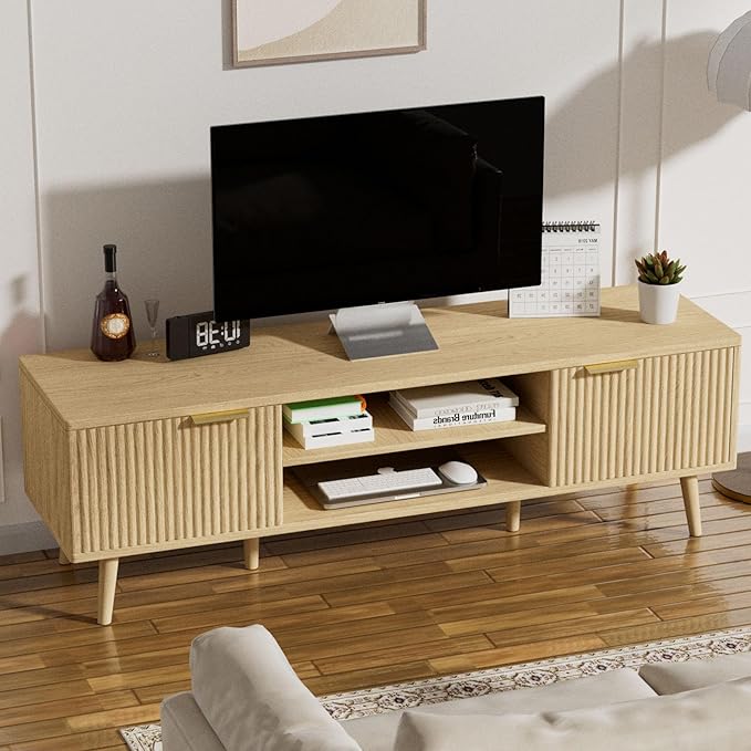 SHGJ&SOFT Storable TV Stand 65 Inch,Mid Century Modern TV Console Two Cabinet Doors with Open Partition in The Middleby by Wooden for Living Room,Bedroom. (Wooden, 1PC)