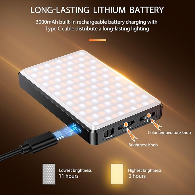 SEAEYES 120 LED Video Light, Portable USB Photo Light Dimmable 2500-9000K CRI 95+ 5000mAh Battery with Tripod with Colored Filters and Clip, Photo Lamp for Phone/iPad/Laptop/Camera