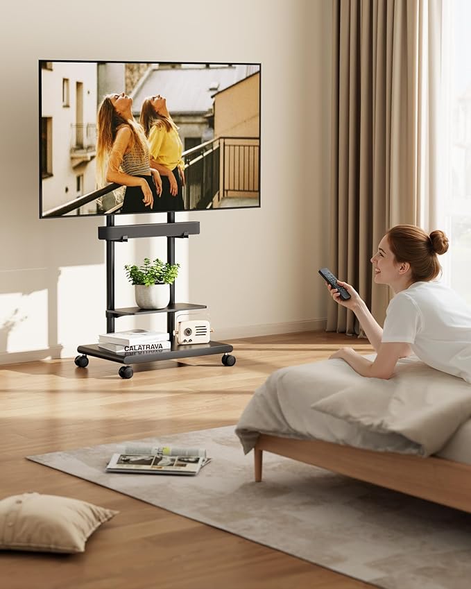 ECOTINY Steel Base Rolling TV Stand with Soundbar Mount for 37-75 inch TVs up to 154lbs, Swivel&Tilt Mobile TV Stand with Large Storage, Height Adjustable Heavy-Duty TV Cart, Max VESA 600x400mm, Black