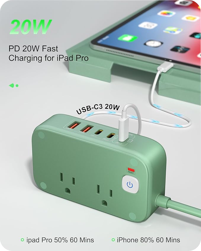 KWRNVO 5FT USB Charging Station with Outlets, Flat USB C Travel Power Strip PD 20W Charger with 2500W AC Outlets, 3 USB-C Ports, 2 USB-A Ports Extension Cord for Home/Office/Travel