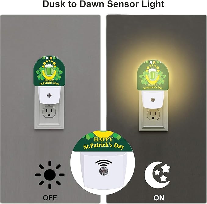 Happy St. Patrick's Day Night Light for Kids,Clover and Green Beer Night Light Plug in with Dusk to Dawn Sensor, 0.5w Energy Saving Sleep Friendly Nightlight for Hallway Stairway Kitchen Bedroom
