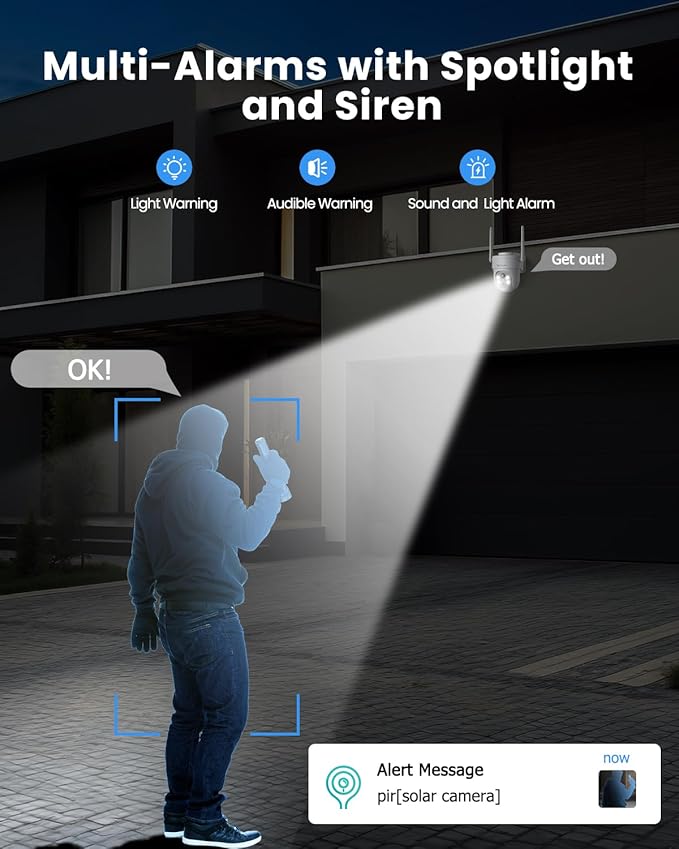 Rebluum Security Camera Outdoor Wireless, 3K/5MP Solar Camera Outdoor Wireless, Battery Powered 360°PTZ, Color Night Vision,PIR Motion Detection,2-Way Audio,Compatible with Alexa
