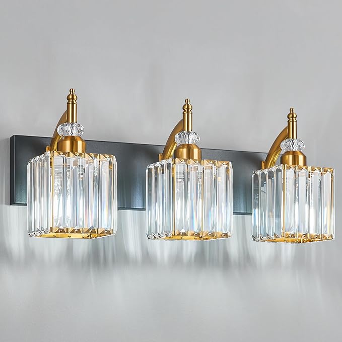 BBLLWJ Modern Bathroom Vanity Light 3-Light Black and Gold Crystal Light Fixtures Over Mirror for Bathroom Wall Sconce