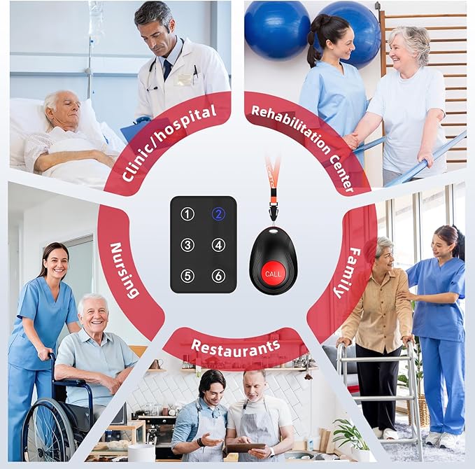 CallToU Wireless Call Button Caregiver Pager Nurse Call System for Elderly/Patients at Home/Hospital with Voice Announcements and LED Number Display (6 Waterproof Call Button & 1 Receiver)