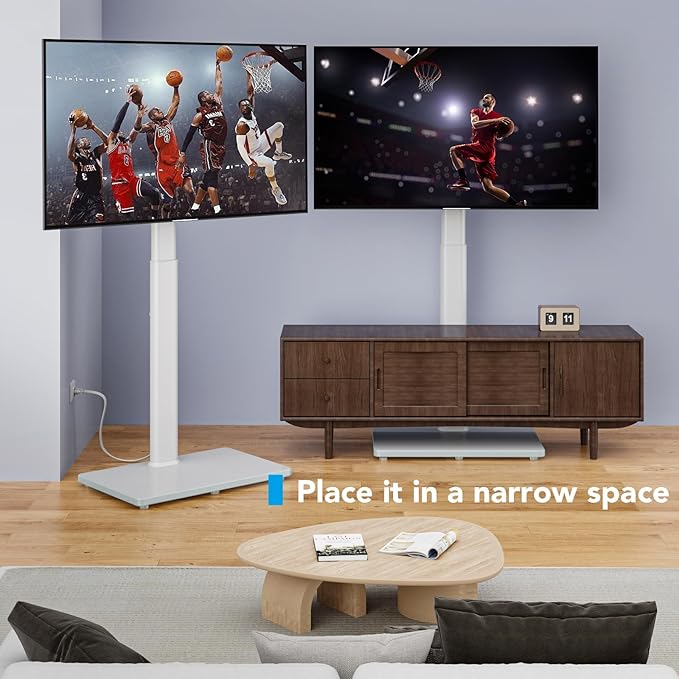 AX WABER Floor TV Stand with Power Outlet, Universal TV Stand Mount for 27-65 inch TV up to 88lbs, 70 Degree Swivel 9 Level Height Adjustable with Tempered Glass Base for Bedroom, Office White