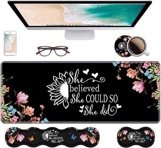 Ergonomic Keyboard Wrist Rest & Mouse Pad Wrist Rest Set, Large Gaming Desk Mat 31.5"x 11.8" with Memory Foam, Easy Typing Pain Relief for Home & Office, Floral Quote She Believed She Could So She Did