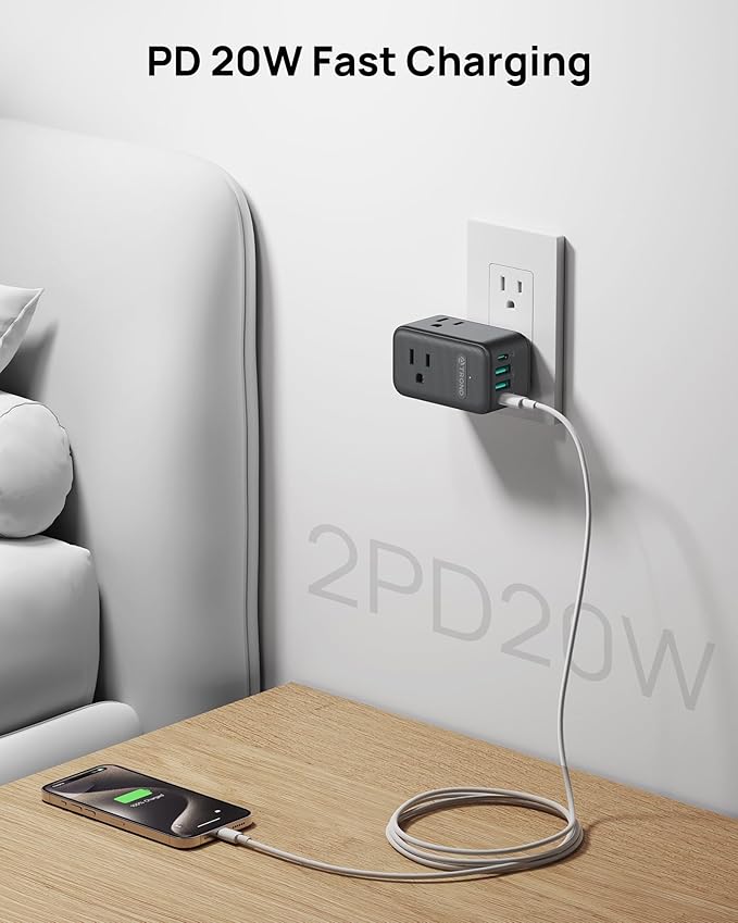TROND 2 Pack Outlet Extender with USB, 3 Way Plug Adapter with 360 Rotating Plug, Outlet Splitter with 2 PD 20W USB C Charger, Small Charging Station for Home Dorm Room Travel Cruise Essentials
