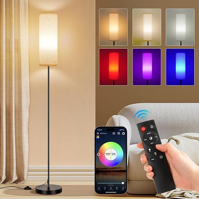 FRIDEKO HOME Floor Lamp, Color Changing Ambient Lighting for Living Room & Gaming Decor, Smart Standing Lamp with App & Remote Control, Tall Corner Lamp for Bedroom, 9W 800LM, Foot Switch, Beige Shade