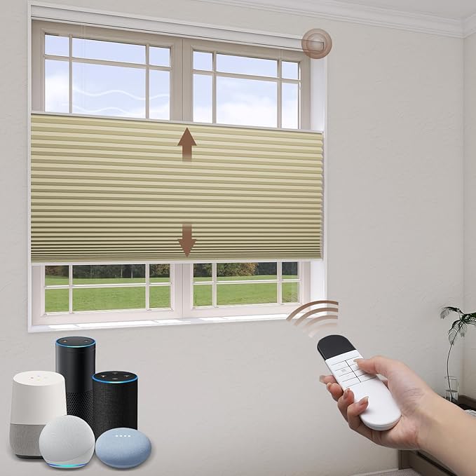 LEXEN Smart Top Down Bottom Up Honeycomb Shades WiFi Enabled Motorized Cellular Blinds Compatible with Alexa/Google Home Double Cellular Fabric Blackout Insulated Custom Sizes-Beige