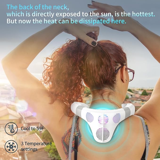 PluvoFan Neck Fan Back-Windy 6000mAh with Cooling Plate Cold Compress Bladeless Portable Thermo-Electric Cooler Rechargeable Holiday Essentials for Women Men Outdoor Camping Gardening Walking(White)