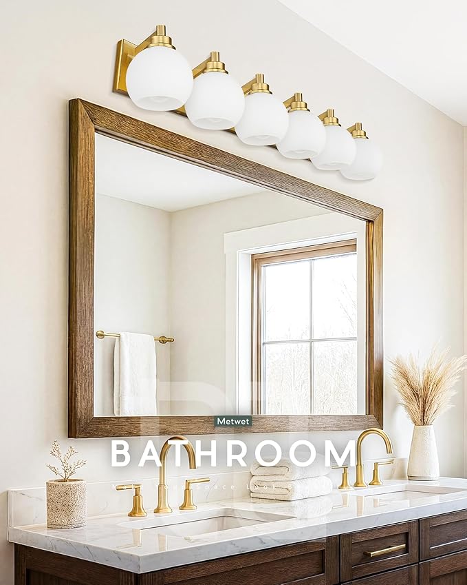METWET Bathroom Light Fixtures, 6-Light Brushed Gold Bathroom Vanity Lights Over Mirror with Globe Milk White Glass Shade, 38 Inch Modern Vanity Lighting Fixtures, VL195-BG-ML-6
