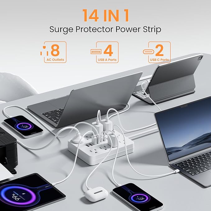 Bawmwim Surge Protector Power Strip - 8 Outlets(1250W/10A) 4 USB A（2 USB C, 6FT Flat Plug Extension Cord, Wall Mount Multi Plug Outlet Extender, ETL Listed for Home, Dorm Room