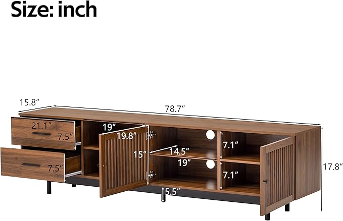 Zerberus 78” TV Stand, Mid-Century Modern TV Console Entertainment Center for TVs up to 85 Inch, Media Cabinet with Deep Drawers, Slatted Doors, Adjustable Shelf, Cable Management