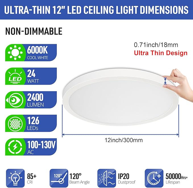 SunRider 4-Pack LED Flush Mount Ceiling Light Fixture, 6000K Cool White, 2400LM, 12 Inch 24W Modern White Round Flat Lamp, 240W Equiv. Non-Dimmable