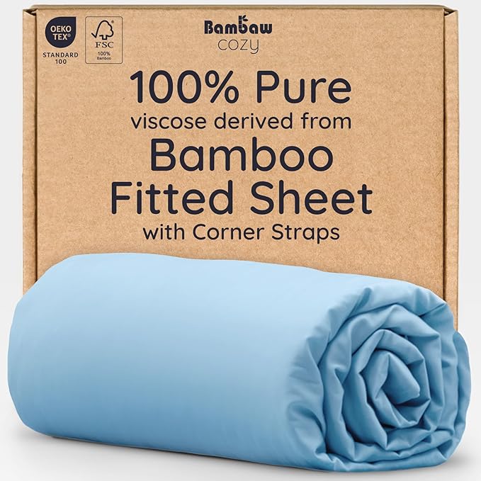 Bambaw 100% Viscose Derived from Bamboo Fitted Sheet Only, Cooling Fitted Sheet with Elastic Corner Straps, 15’’ Deep Pocket Full Size Fitted Sheets Only, Soft Full Bottom Sheets Only (Dream Blue)