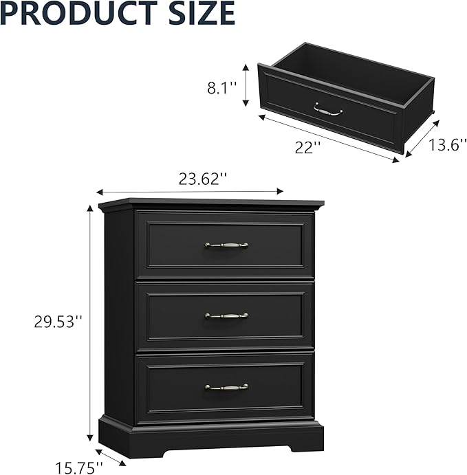 Nightstand with 3 Large Drawers,24" Wide End Table with Metal Handles,Rustic Farmhouse Wood Small Dresser,Bedside Table,Modern Chest of Drawers for Bedroom,Living Room,Black