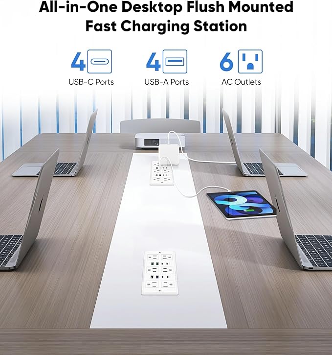 Recessed Power Strip with 45W USB C, Furniture Desk Flush Mount Outlet, Ultra Thin Flat Plug Power Strip, 6 Outlets & 8 USB Ports, 10FT Cord (White)