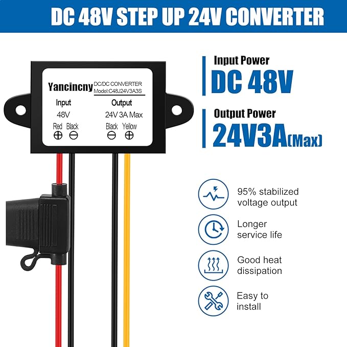 Yancincny 3A 72W 24V DC 48V Step Down to 24V Buck Transformer, 48V to 24-V Converter Regulator Power Supply Module Waterproof Voltage Converter with Fuse for Golf Cart/RVs/Monitoring System