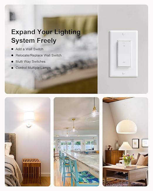 TREEWELL 3 Way Wireless Light Switch and Receiver Kit, Decorator Rocker Wall Switch, 200FT RF Range, No in-Wall Wiring Required, Programmable & Expandable for Ceiling Light, Fans, Lamps