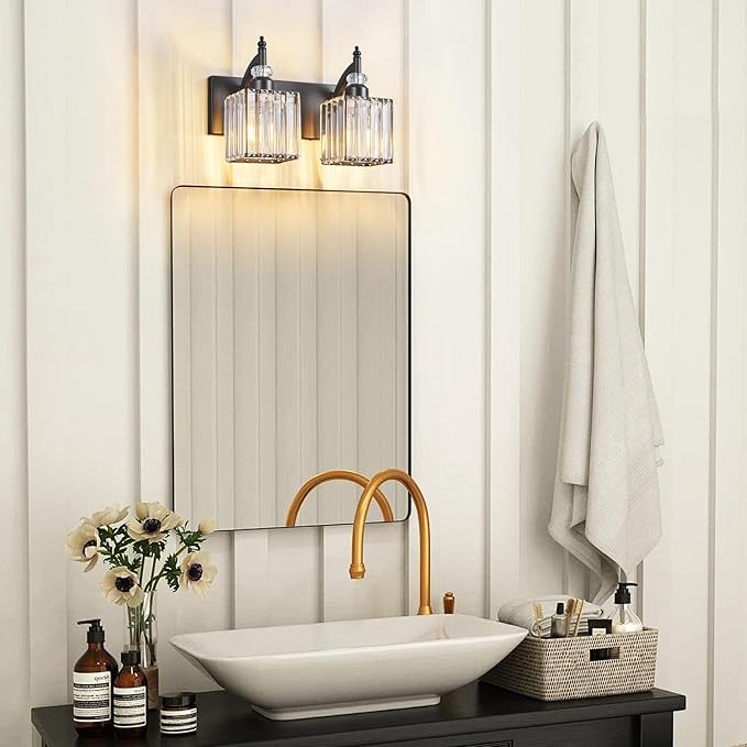 BBLLWJ Modern Bathroom Vanity Light 2-Light Black Crystal Light Fixtures Over Mirror for Bathroom Wall Sconce